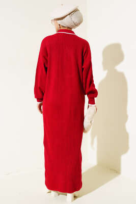 Üç Düğmeli Fitilli Triko Elbise Kırmızı - Tesettür Elbise