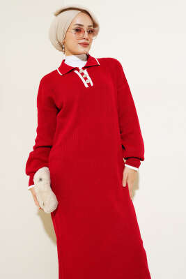 Üç Düğmeli Fitilli Triko Elbise Kırmızı - Tesettür Elbise