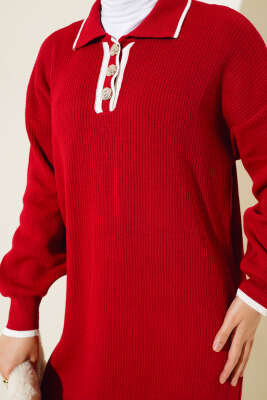 Üç Düğmeli Fitilli Triko Elbise Kırmızı - Tesettür Elbise