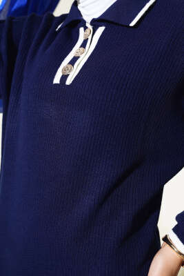 Üç Düğmeli Fitilli Triko Elbise Lacivert - Tesettür Elbise