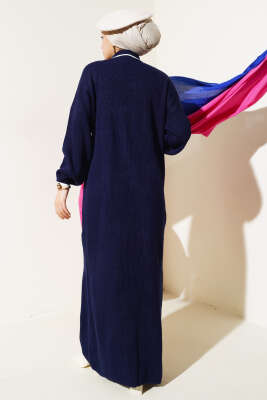 Üç Düğmeli Fitilli Triko Elbise Lacivert - Tesettür Elbise