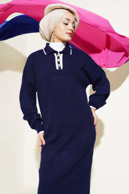 Üç Düğmeli Fitilli Triko Elbise Lacivert - Tesettür Elbise