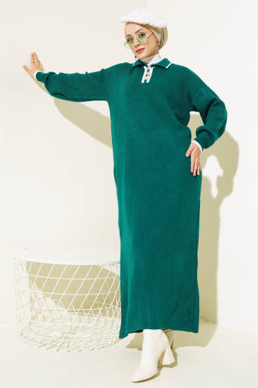 Üç Düğmeli Fitilli Triko Elbise Nefti - Elbise