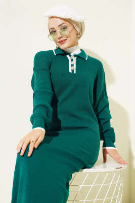 Üç Düğmeli Fitilli Triko Elbise Nefti - Tesettür Elbise