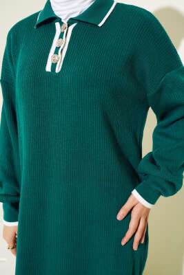 Üç Düğmeli Fitilli Triko Elbise Nefti - Tesettür Elbise