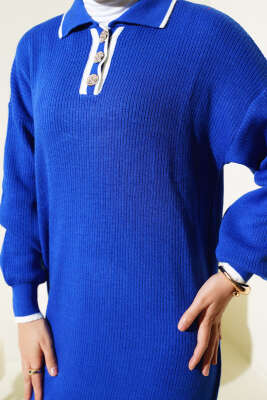 Üç Düğmeli Fitilli Triko Elbise Saks - Tesettür Elbise