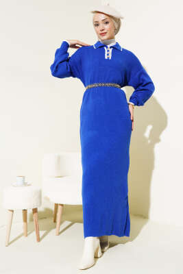 Üç Düğmeli Fitilli Triko Elbise Saks - Tesettür Elbise