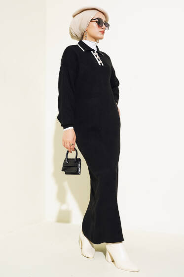 Üç Düğmeli Fitilli Triko Elbise Siyah - Elbise