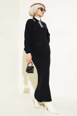 Üç Düğmeli Fitilli Triko Elbise Siyah - Tesettür Elbise