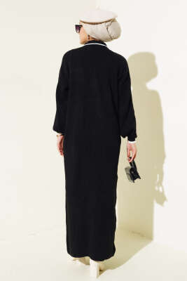 Üç Düğmeli Fitilli Triko Elbise Siyah - Tesettür Elbise