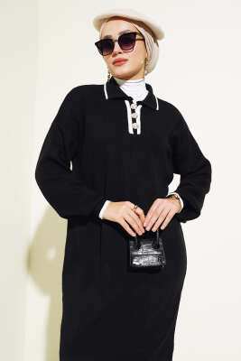 Üç Düğmeli Fitilli Triko Elbise Siyah - Tesettür Elbise