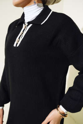 Üç Düğmeli Fitilli Triko Elbise Siyah - Tesettür Elbise