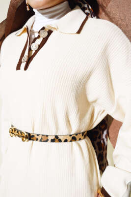 Üç Düğmeli Fitilli Triko Elbise Taş - Tesettür Elbise