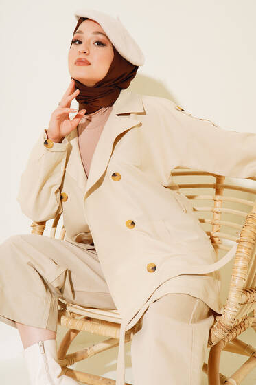 Üç Düğmeli Kısa Trençkot Bej - Trençkot