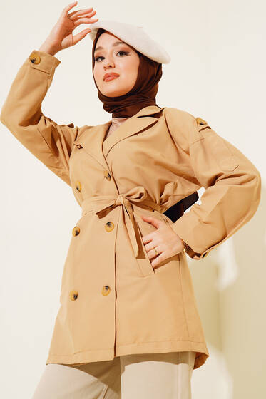 Üç Düğmeli Kısa Trençkot Camel - Trençkot