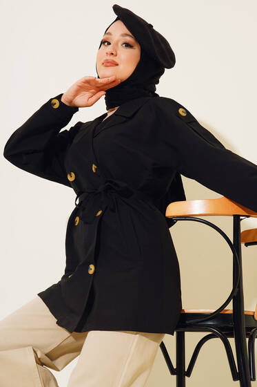 Üç Düğmeli Kısa Trençkot Siyah - Trençkot