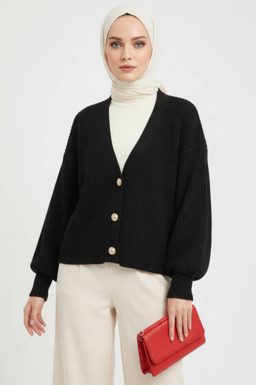 Üç Düğmeli Kısa Triko Hırka Siyah - Hırka