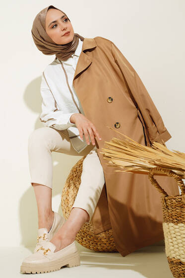 Üç Düğmeli Kruvaze Yaka Gold Trençkot - Trençkot