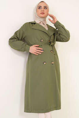 Üç Düğmeli Kruvaze Yaka Haki Trençkot - Trençkot