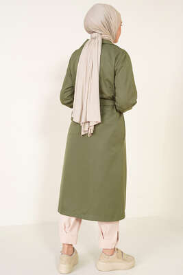 Üç Düğmeli Kruvaze Yaka Haki Trençkot - Trençkot