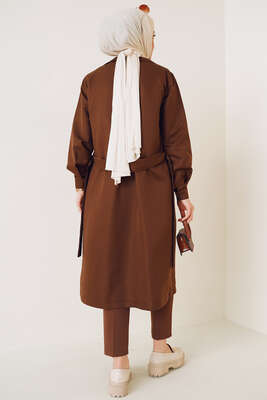 Üç Düğmeli Kruvaze Yaka Kahve Trençkot - Trençkot