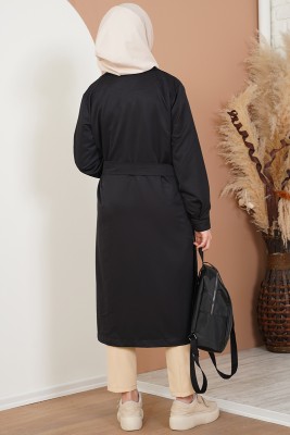 Üç Düğmeli Kruvaze Yaka Siyah Trençkot - Trençkot