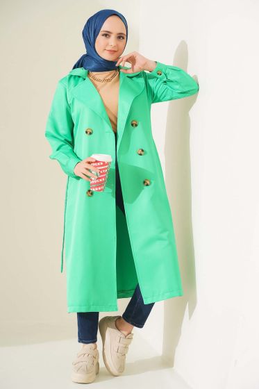 Üç Düğmeli Kruvaze Yaka Yeşil Trençkot - Trençkot