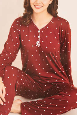 Üç Düğmeli Puantiyeli Pijama Takımı Bordo - Pijama
