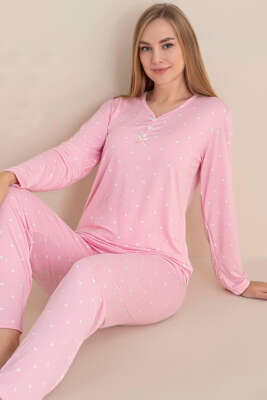Üç Düğmeli Puantiyeli Pijama Takımı Pembe - Pijama