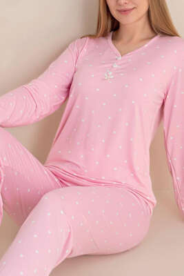 Üç Düğmeli Puantiyeli Pijama Takımı Pembe - Pijama