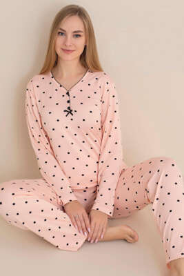 Üç Düğmeli Puantiyeli Pijama Takımı Yavru Ağzı 