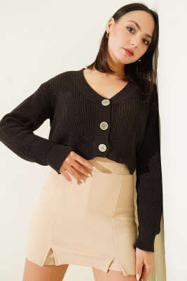 Üç Düğmeli Triko Crop Hırka Acı Kahve 
