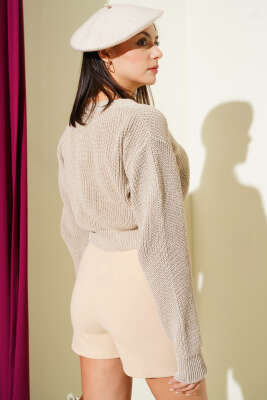 Üç Düğmeli Triko Crop Hırka Bej - Kadın Giyim Modelleri