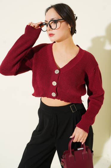Üç Düğmeli Triko Crop Hırka Bordo - Kadın Giyim Modelleri