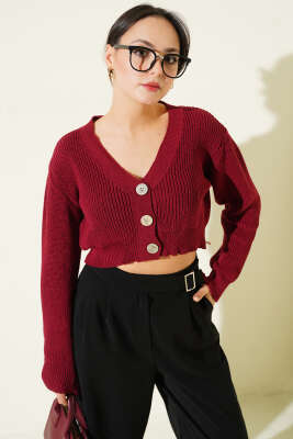 Üç Düğmeli Triko Crop Hırka Bordo - Kadın Giyim Modelleri