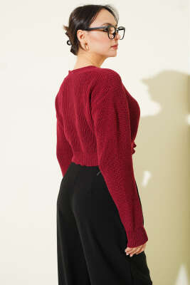 Üç Düğmeli Triko Crop Hırka Bordo - Kadın Giyim Modelleri