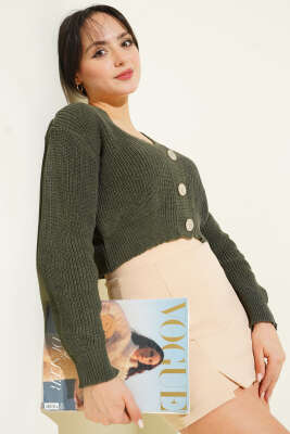 Üç Düğmeli Triko Crop Hırka Haki - RAFİMİX