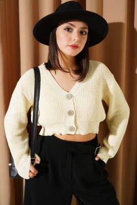 Üç Düğmeli Triko Crop Hırka Taş - Kadın Giyim Modelleri