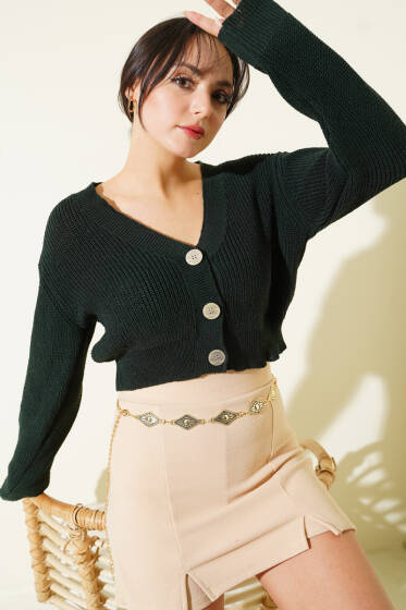 Üç Düğmeli Triko Crop Hırka Zümrüt - Kadın Giyim Modelleri