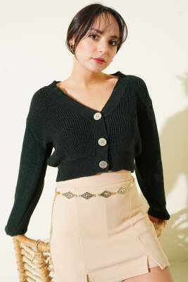 Üç Düğmeli Triko Crop Hırka Zümrüt - Kadın Giyim Modelleri