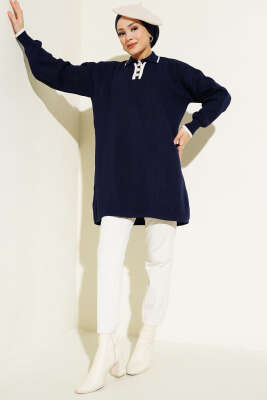 Üç Düğmeli Triko Tunik Lacivert - Triko Tunik