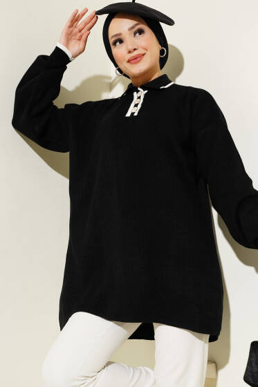 Üç Düğmeli Triko Tunik Siyah - Tunik