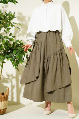 Üç Fırfırlı Etek Haki - VAV TEKSTİL