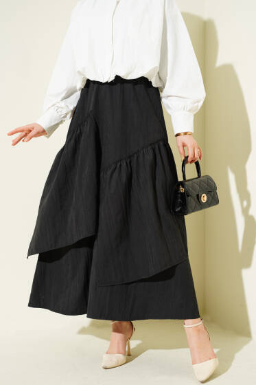 Üç Fırfırlı Etek Siyah - Etek