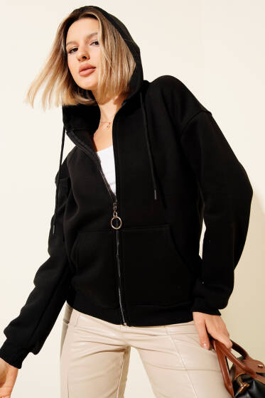 Üç İpli Fermuarlı Cepli Hırka Siyah - Kadın Giyim Modelleri