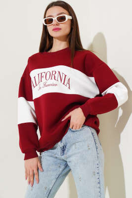 	 Üç İplik Baskılı Sweatshirt Bordo 