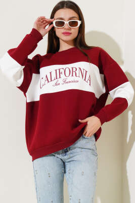 	 Üç İplik Baskılı Sweatshirt Bordo - Yeni Giyim