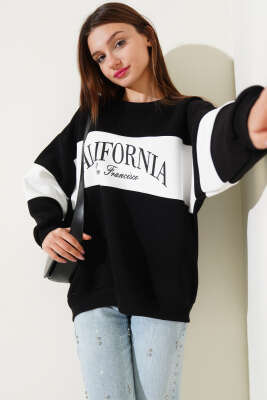 Üç İplik Baskılı Sweatshirt Siyah Beyaz - Kadın Giyim Modelleri