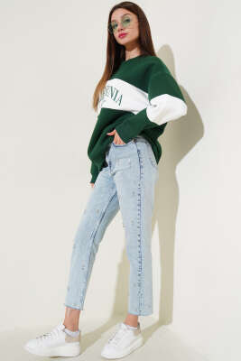 Üç İplik Baskılı Sweatshirt Yeşil Beyaz - Kadın Giyim Modelleri