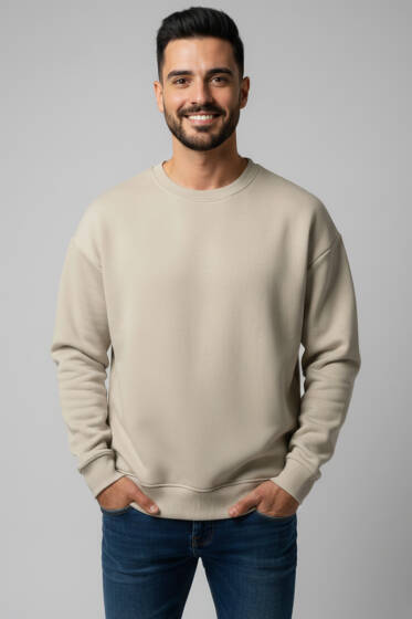 Üç İplik Bisiklet Yaka Erkek Sweatshirt Bej - Erkek Sweatshirt